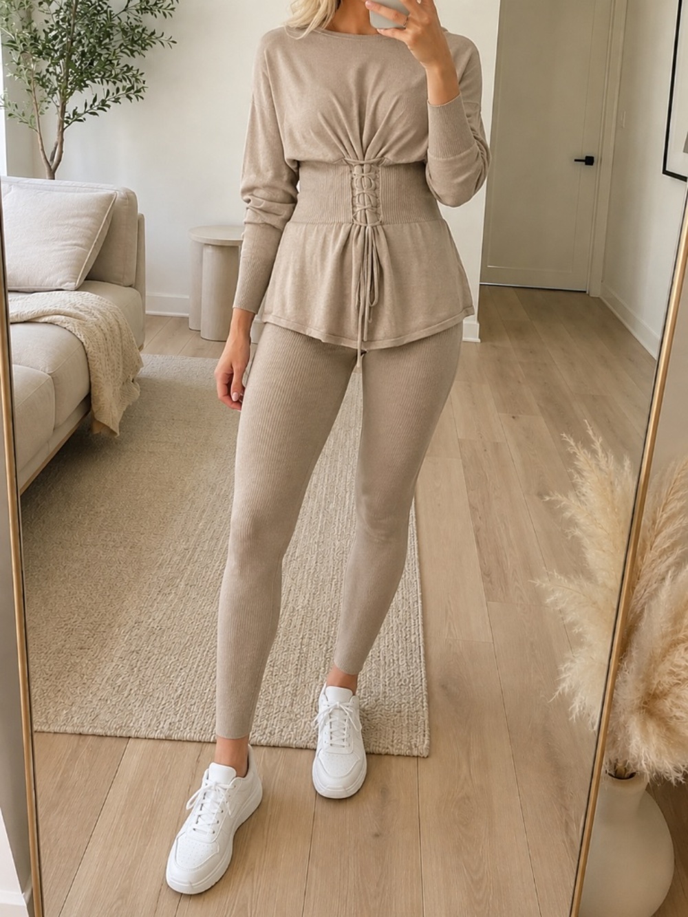 MissPap Tan Lace Up Knit Tunic Legging Set S/M